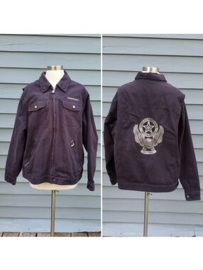 Vintage‎ y2k Black Denim Embroidered Logo Harley Davidson Moto Bomber Jacket 2W